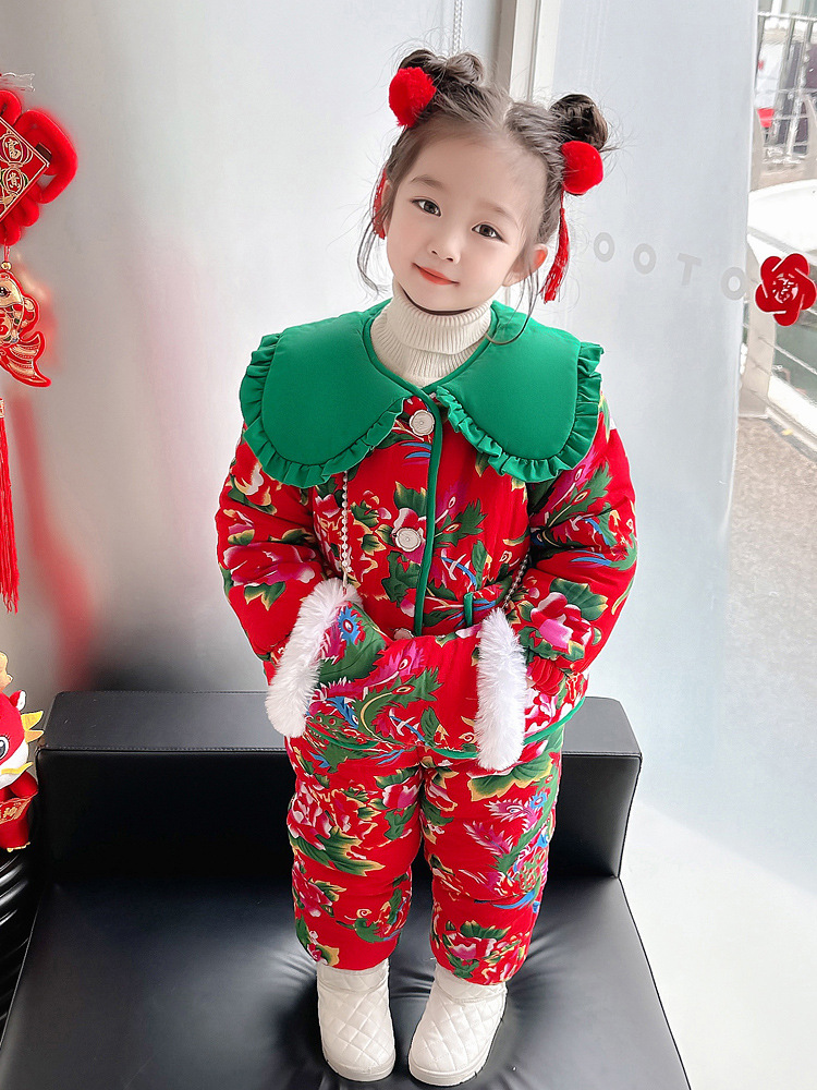 女宝宝东北大花套装2024新款冬装女童加厚棉袄小女孩过年服拜年服