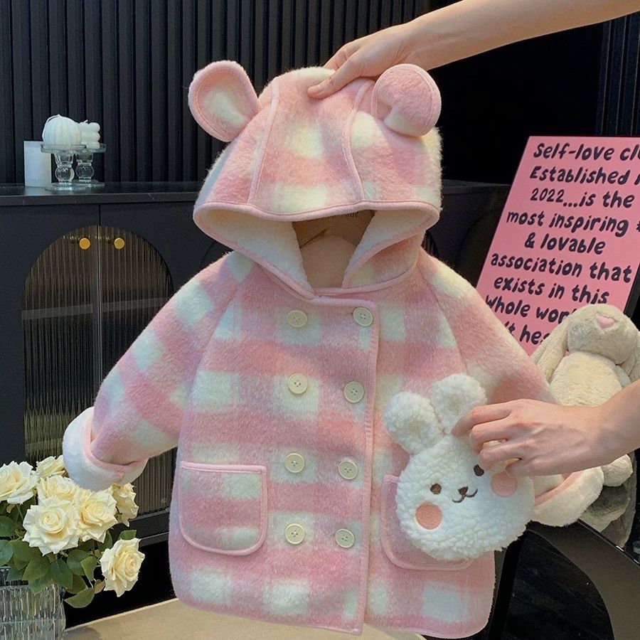 朵美巴拉巴拉宝宝外套冬装洋气韩版毛呢大衣加绒加厚格子呢子上衣