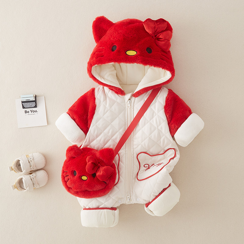 宝宝冬季新款加棉爬爬服婴儿夹棉连体衣服加厚哈衣新生儿棉服外套