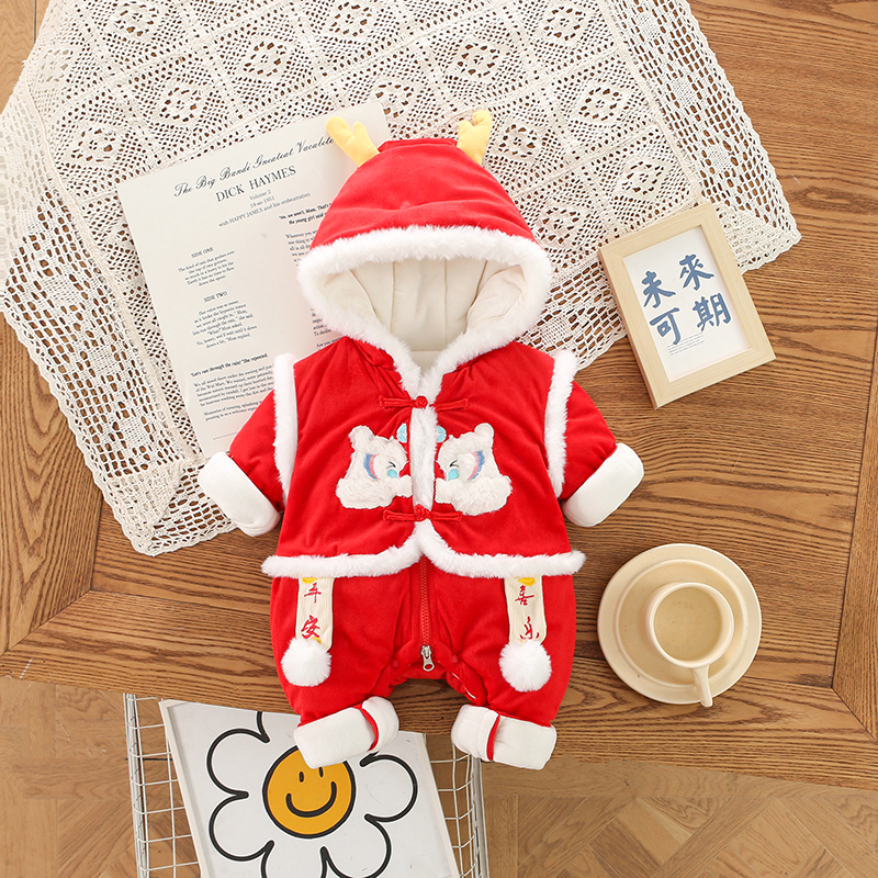 朵美巴拉巴拉宝宝棉衣拜年服礼服满月连体衣加绒加厚喜庆龙角哈衣