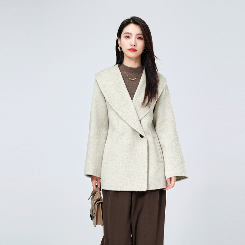 双面呢大衣短款双面呢大衣短款时尚休闲宽松中长款灰色翻领88217