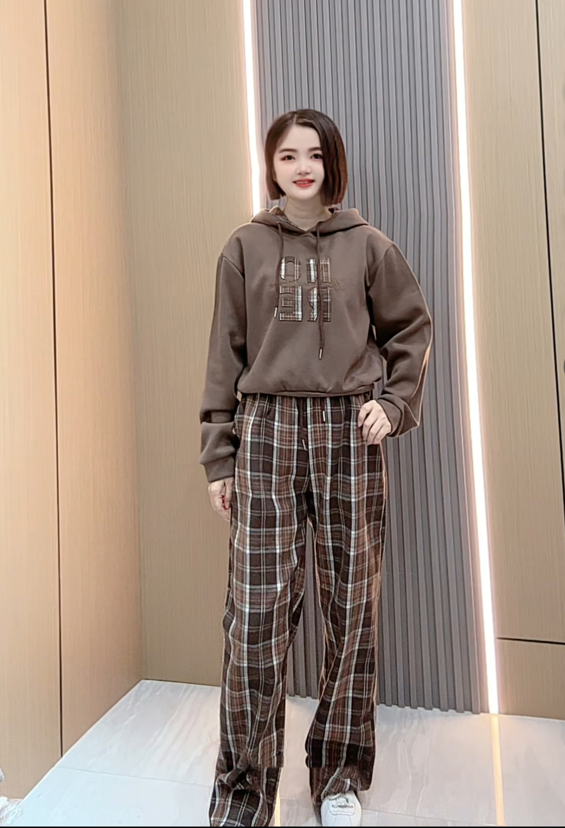 李米你 连帽卫衣时尚休闲格子套装 阔腿裤两件套