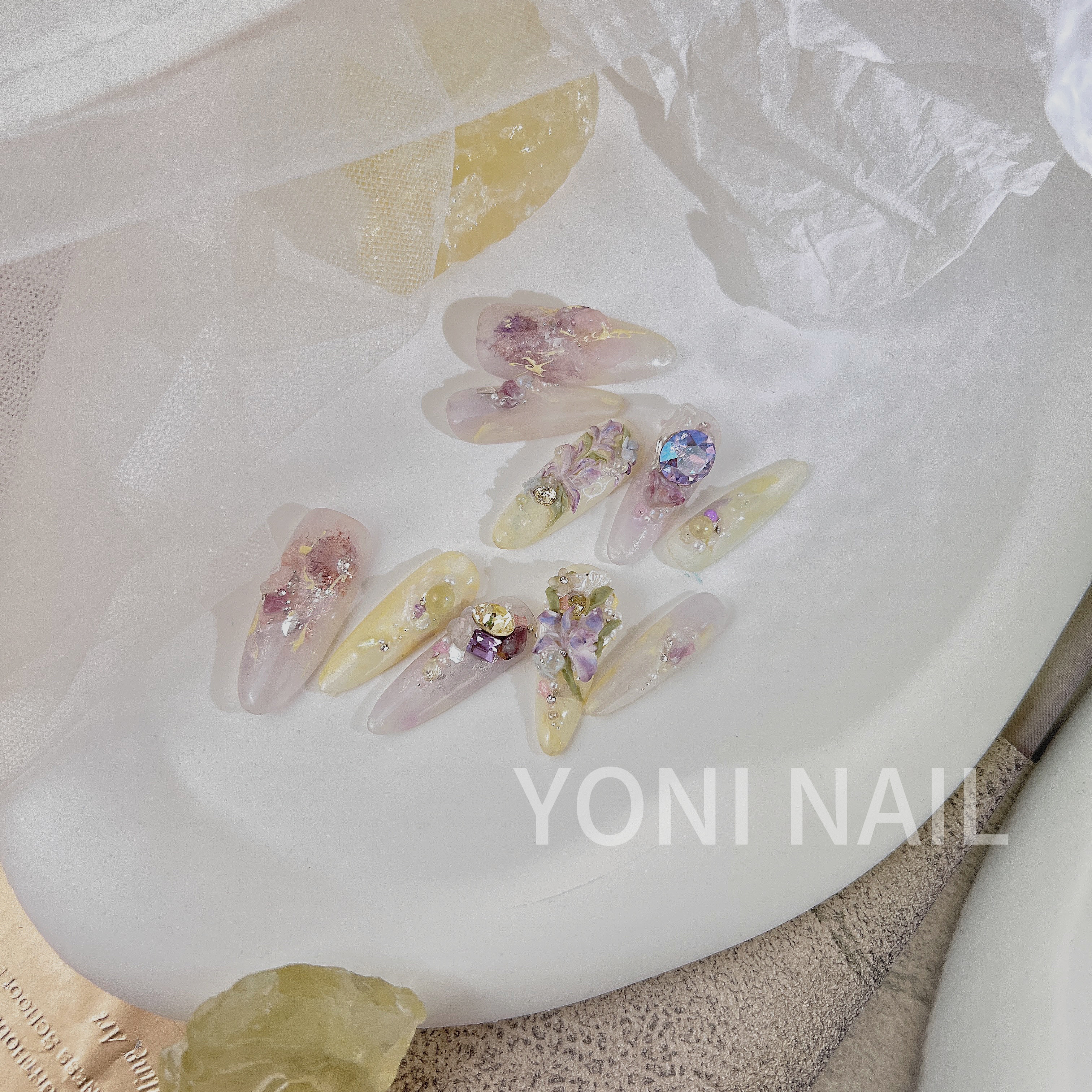 F15「念」YONI 手工定制穿戴甲手工雕花鸢尾花温柔气质花卉晕染