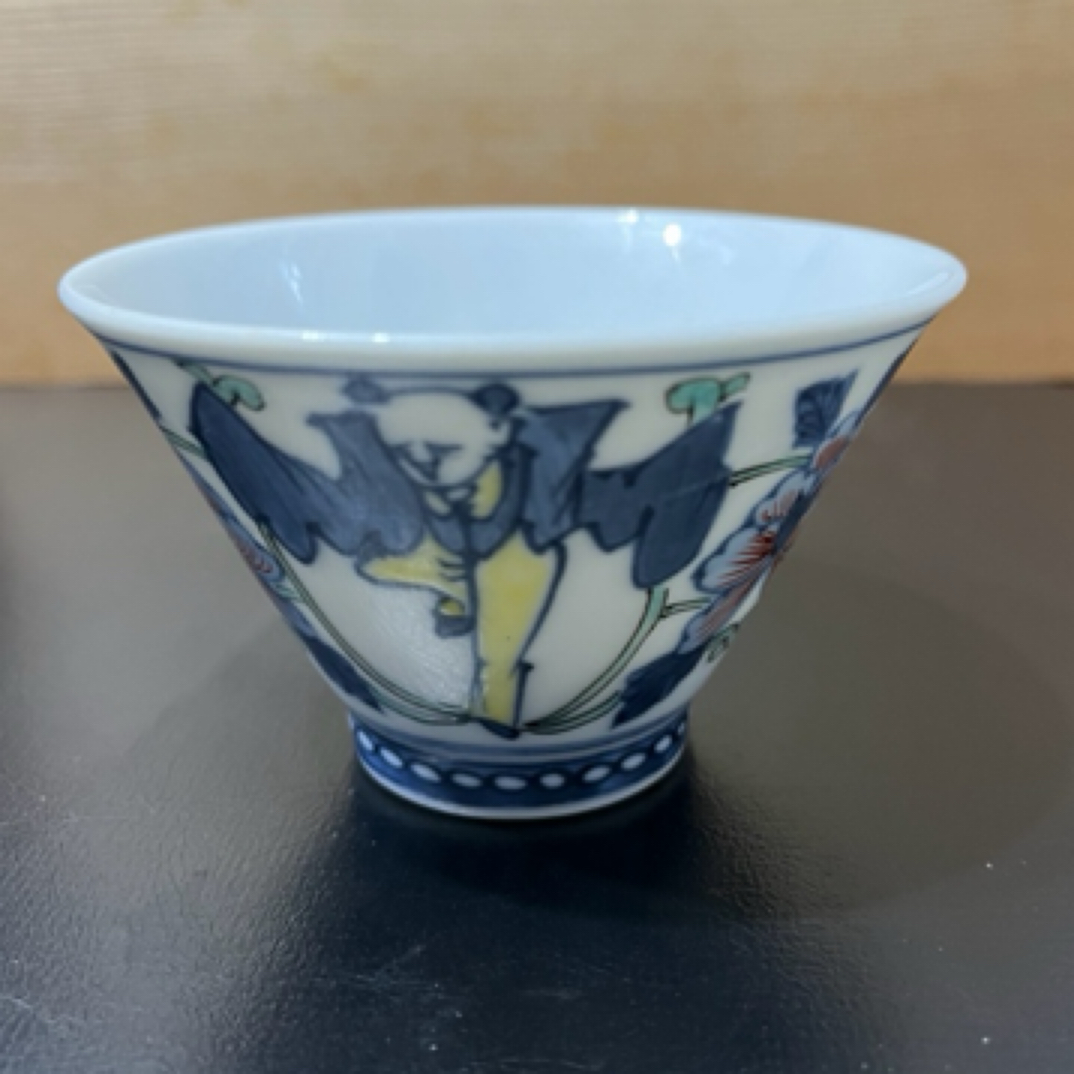 舶来精美名家手绘斗彩花卉手工缨戏斗笠杯一只（9*5.5cm）茶杯