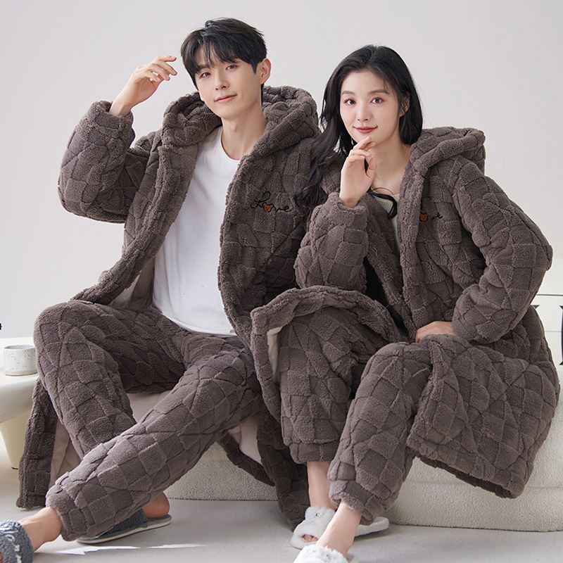 芬腾可安冬季情侣睡袍加厚珊瑚绒三层夹棉男女秋冬睡衣套装家居服