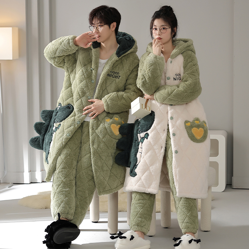 芬腾可安情侣睡衣女三层夹棉加绒加厚可爱睡袍冬季保暖家居服套装