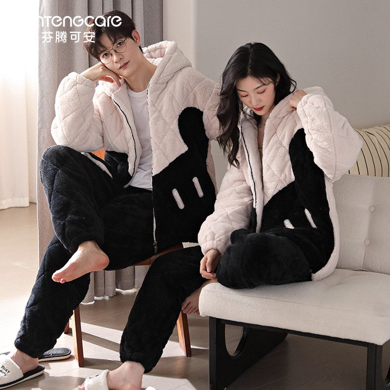 芬腾可安三层夹棉情侣睡衣男女珊瑚绒加绒加厚保暖冬季家居服套装