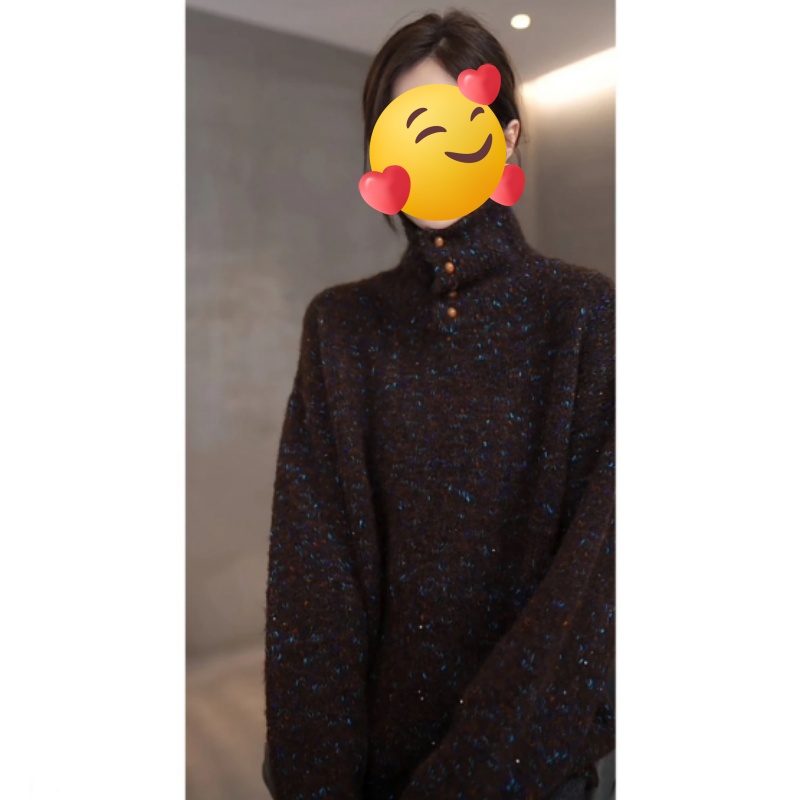 A2【三瓣橘子】气质长袖宽松针织衫秋冬厚款百搭翻领毛衣上衣打底衫