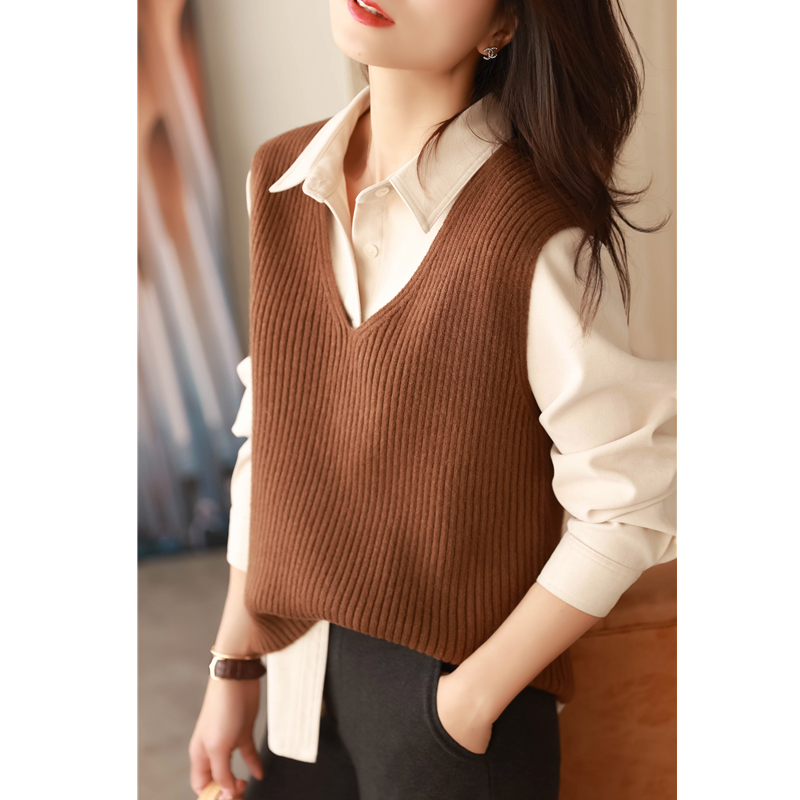 百搭叠穿v领针织背心女马夹春秋新款毛衣外穿纯色马甲日系上衣