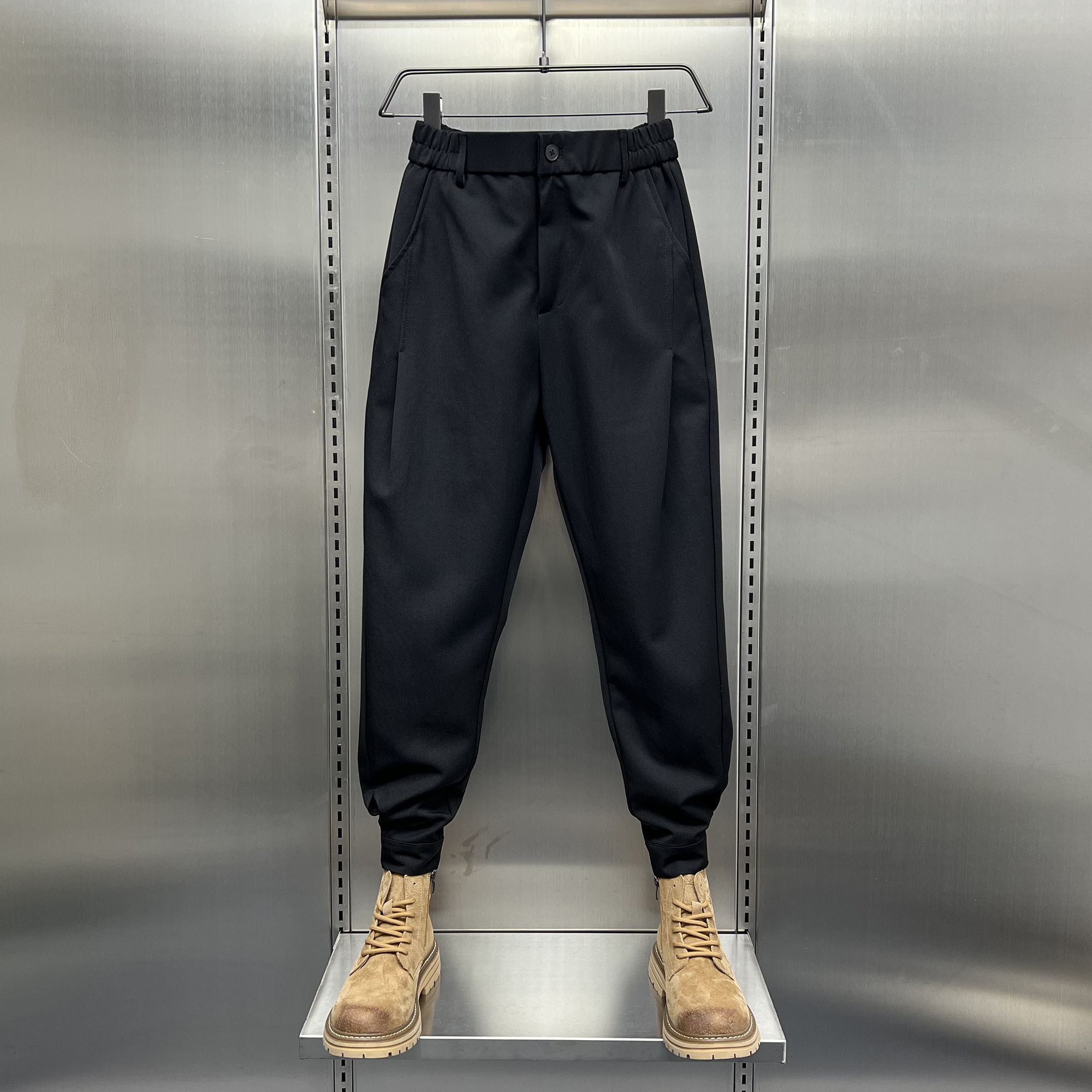 冬季加绒休闲西裤男士秋季新款潮流魔术贴束脚痞帅男裤小脚哈伦裤