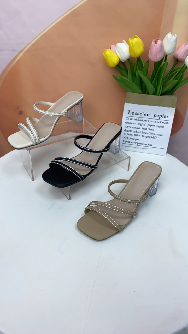 6888夏季新款水晶跟粗跟女拖鞋F