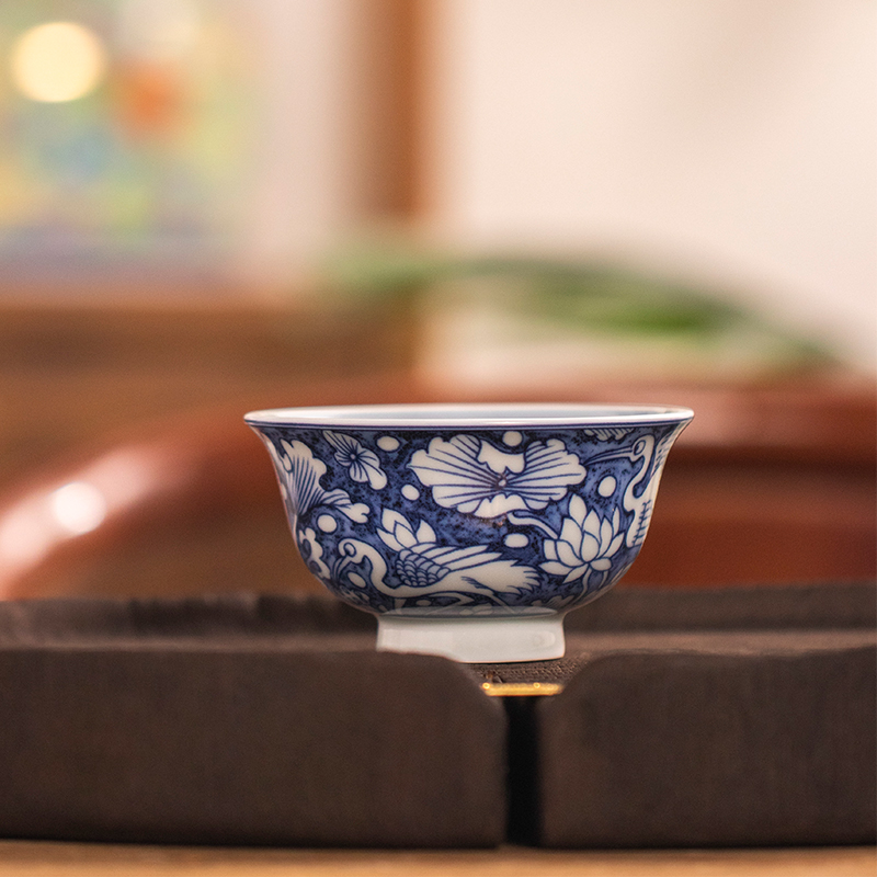 景德镇仿古青花一鹭连科压手杯品茗杯泡茶茶杯复古茶具陶瓷主人杯