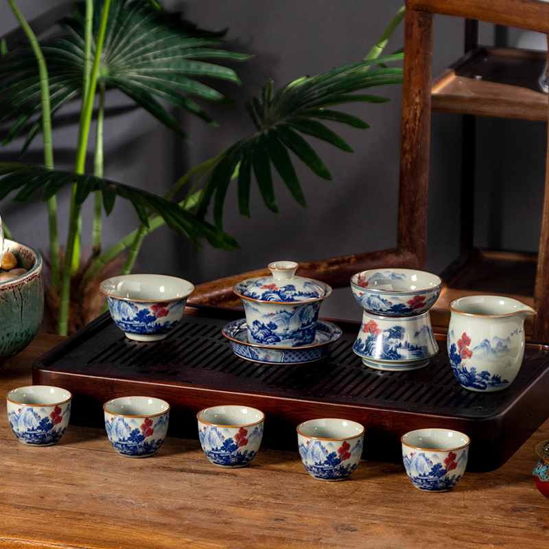 景德镇万里山川手工茶具 盖碗1茶漏1公道杯1主人杯1客杯5 无礼盒