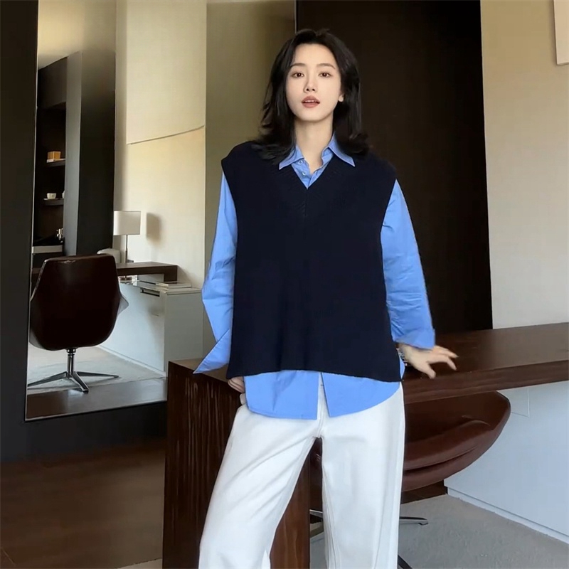 文艺休闲纯色衬衫针织马甲套装女2025秋冬新款宽松小众上衣一整套