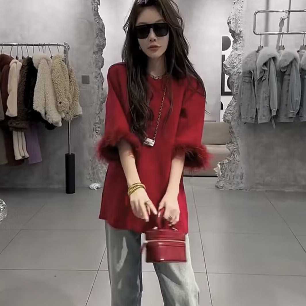 欧货百搭韩版拼接毛毛中袖圆领宽松时尚休闲显瘦洋气遮肉上衣T恤