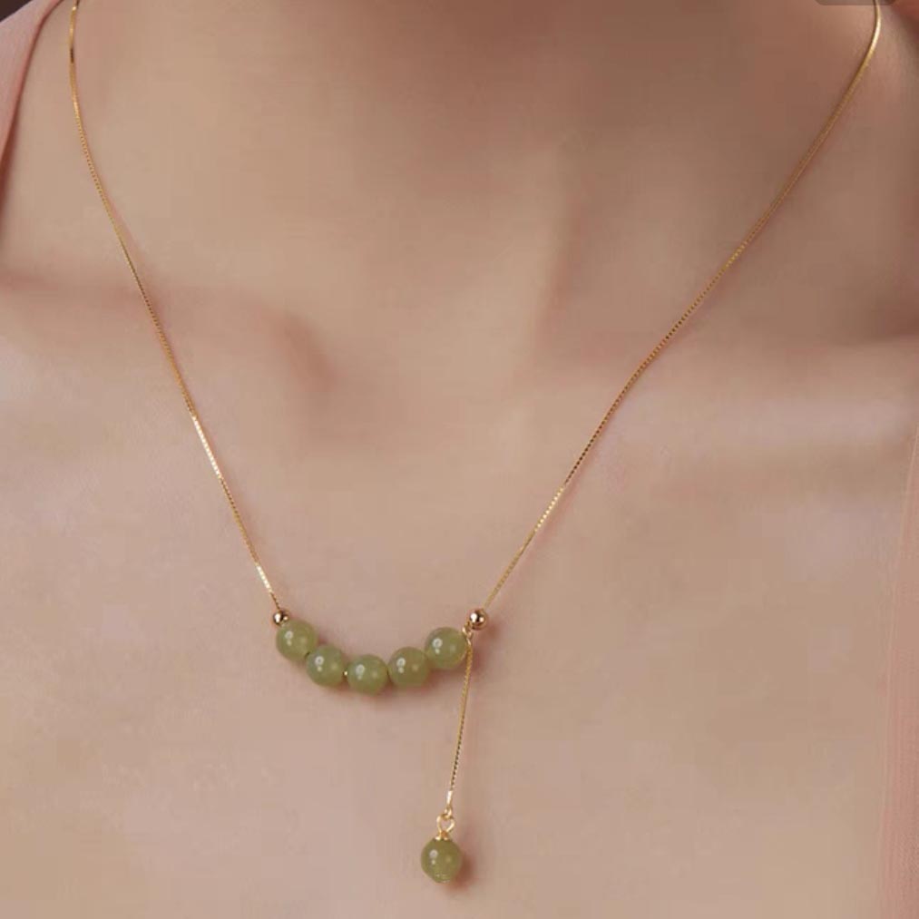 和田玉青玉 微笑项链流苏Y字链925银吊坠圆珠轻奢锁骨链一款多戴