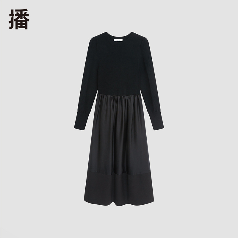 【达人专属现货】播秋圆领设计师时尚黑色拼接连衣裙热力感BDQ8LD18