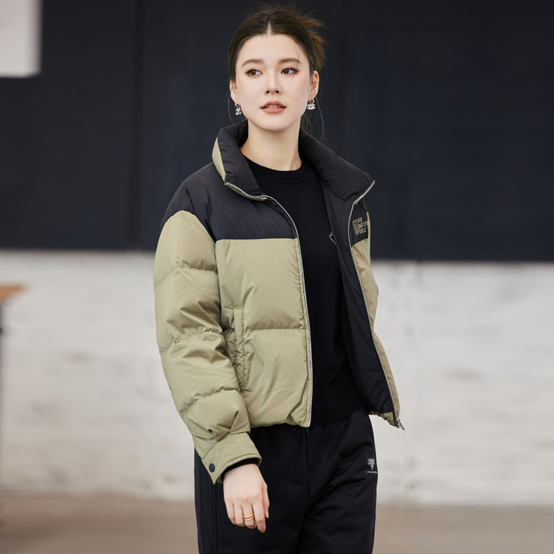 风笛2024冬季90绒鹅绒短款立领羽绒服加厚时尚运动撞色外套冬女