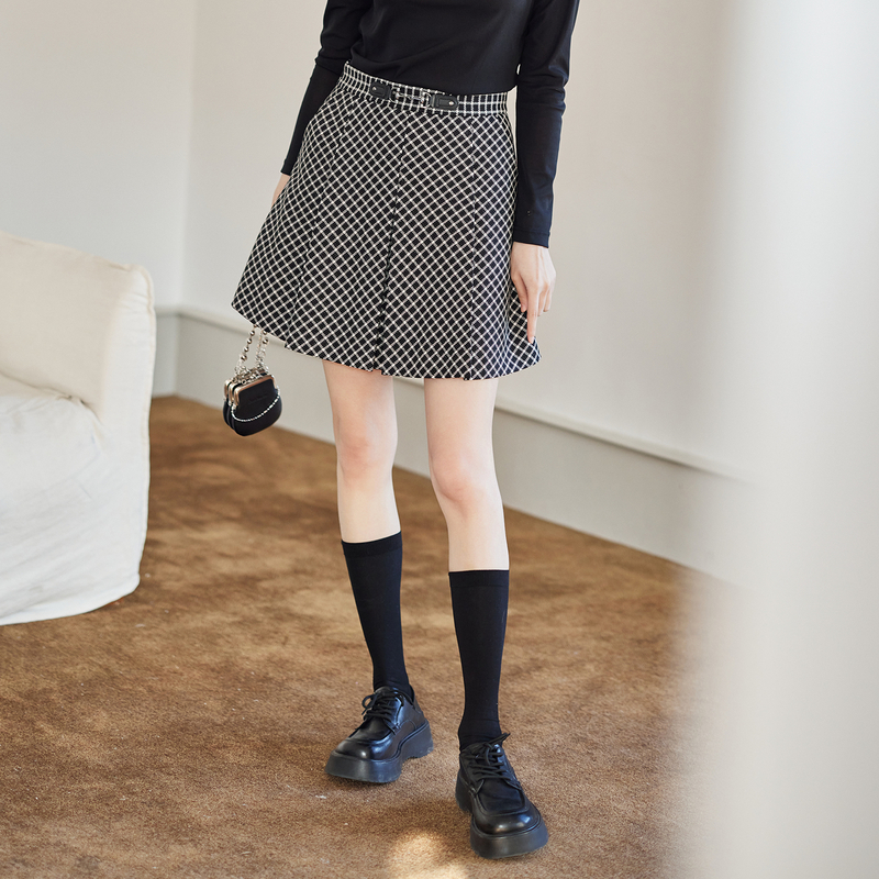 风笛2024秋季新款半身裙女百搭休闲格子高腰显瘦A字裙伞裙