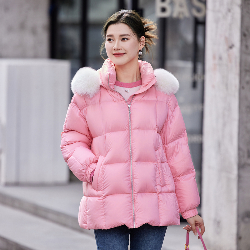 风笛2024冬季新款90白鹅绒加厚宽松连帽大毛领羽绒服短款puff泡芙