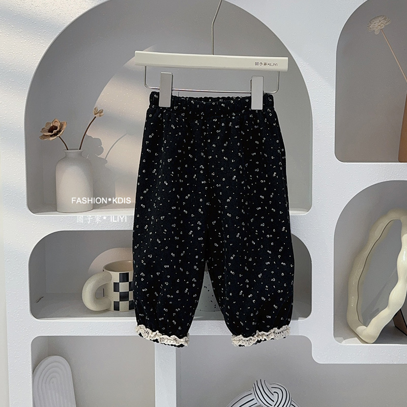 韩国2024新款秋冬女宝韩版森系风碎花加绒加厚花边休闲裤森系复古