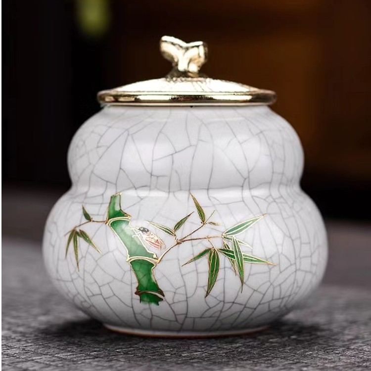 节节高升葫芦茶叶罐 汝窑开片便携迷你密封储存罐