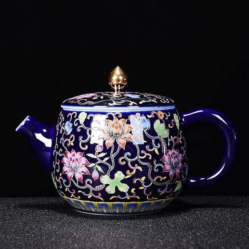 掐丝珐琅彩茶壶京隆堂缠枝莲蓝釉泡茶茶壶复古茶道茶具