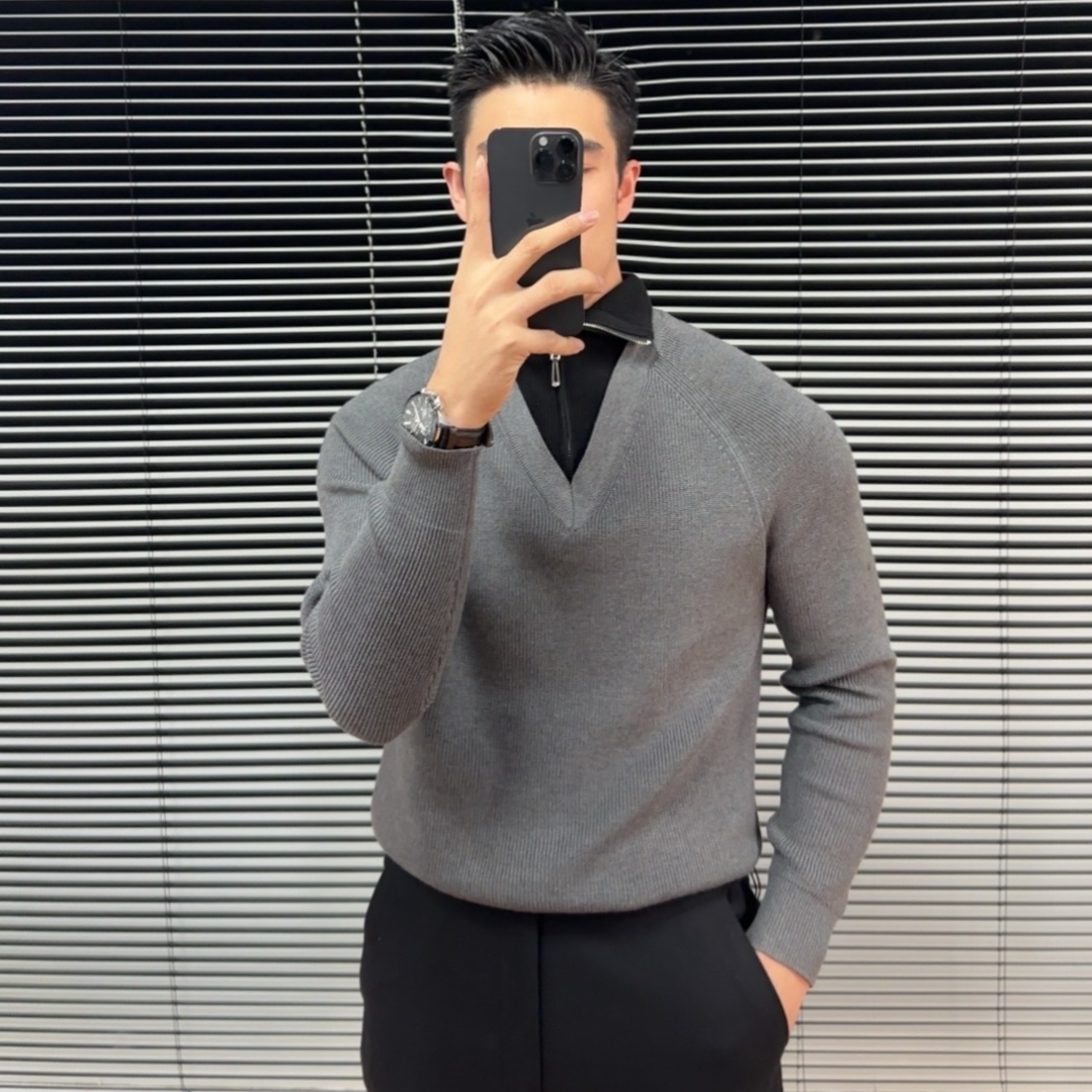高级感秋冬新款痞帅假两件撞色毛衣拉链领外套翻领针织衫上衣男装
