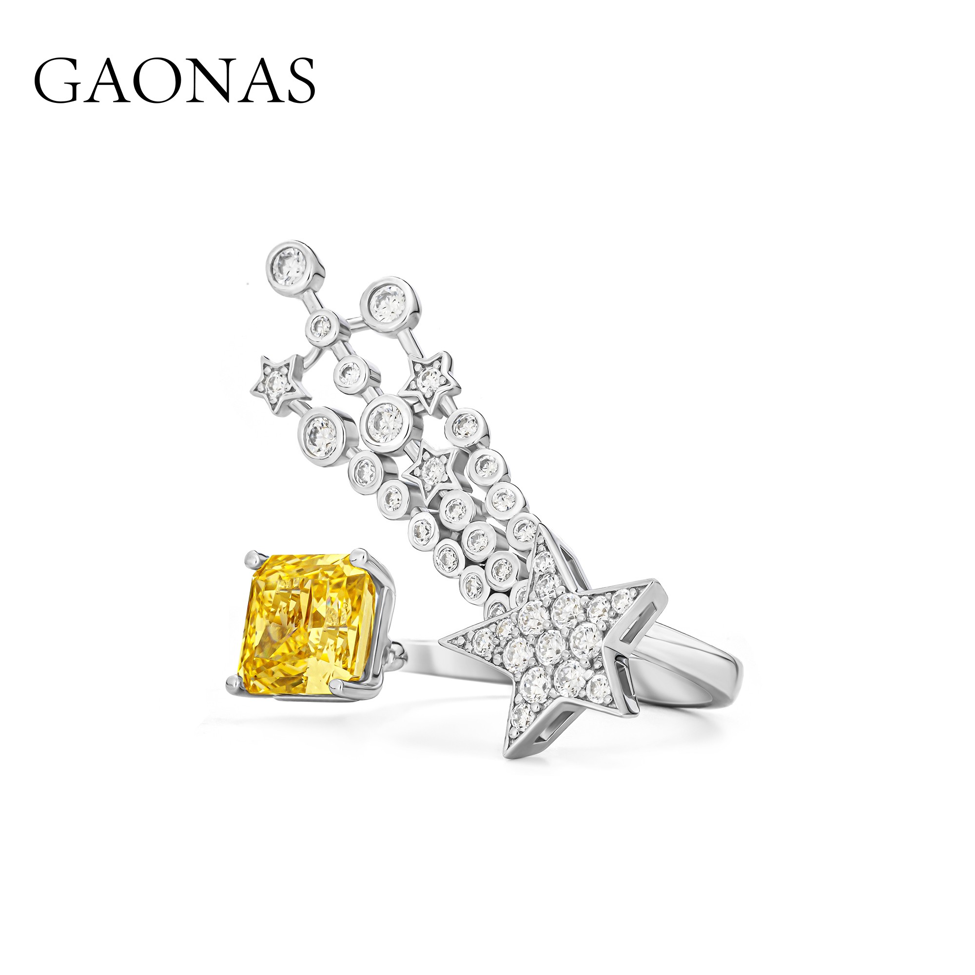 GAONAS 925银合成锆石戒指 高纳仕 彗星系列黄色开口戒 YJ031166