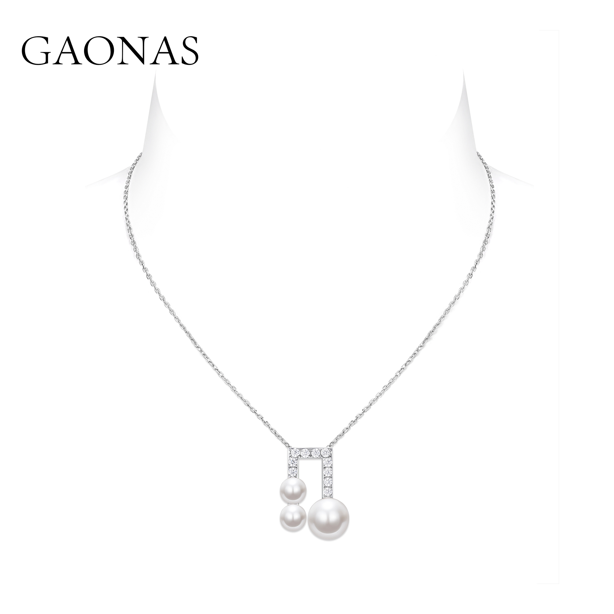 GAONAS 坠链均925银仿珍珠 高纳仕 爱的乐章三珠白项链WX085633