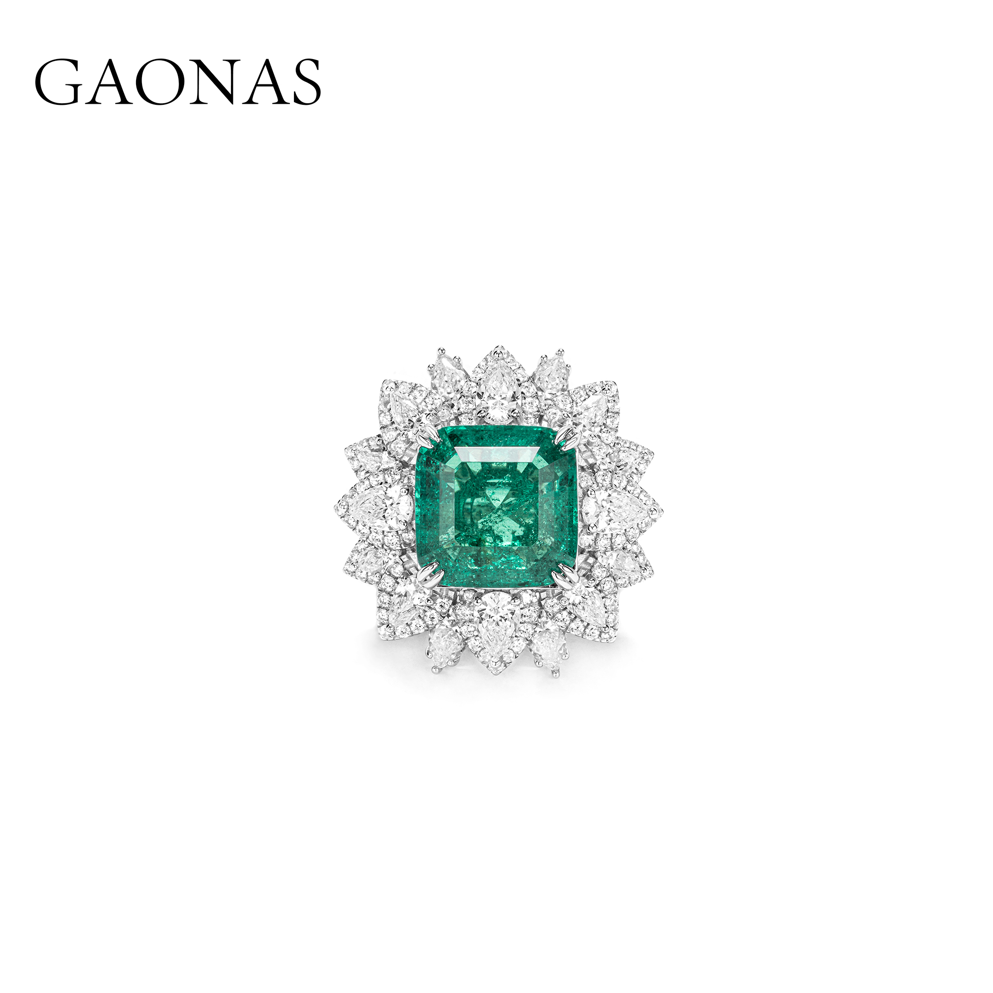GAONAS 925银合成锆石戒指 绿枫林设计重磅豪镶贵气大戒指11048JG
