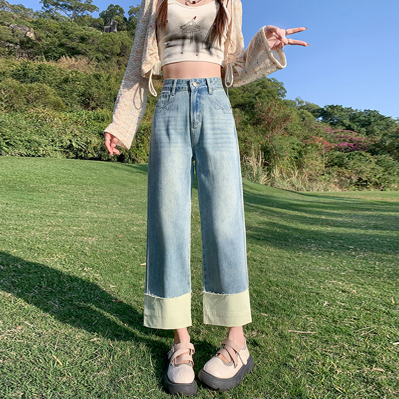 2024小个子新款牛仔裤女时尚高级垂感显高显瘦薄款破洞卷边直筒裤