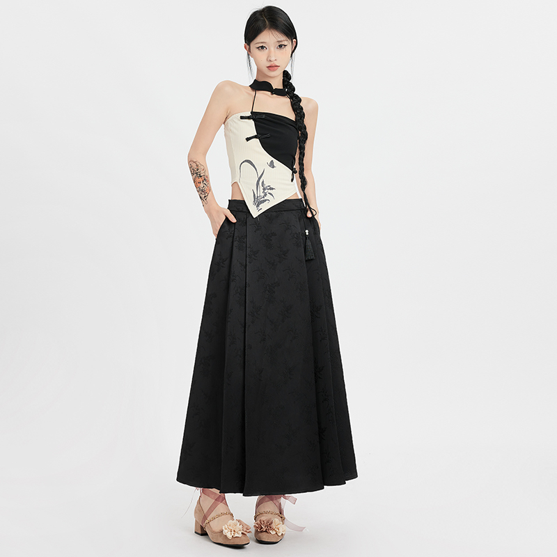 夏季2024新中式设计感高腰半身裙提花中长款a字裙马面裙