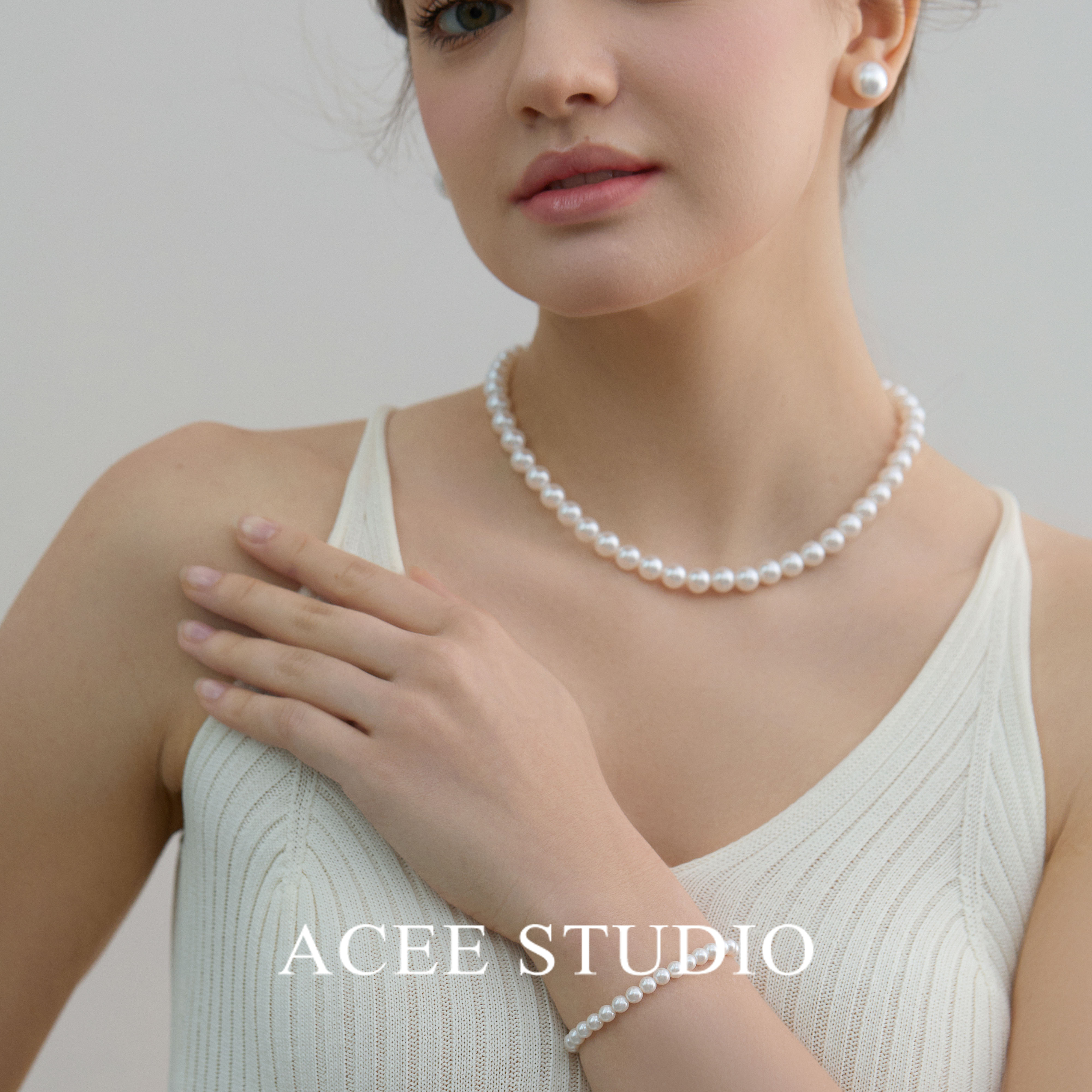 ACEE设计8mm珍珠项链耳钉套装女2024新款小众高级感礼服晚宴配饰