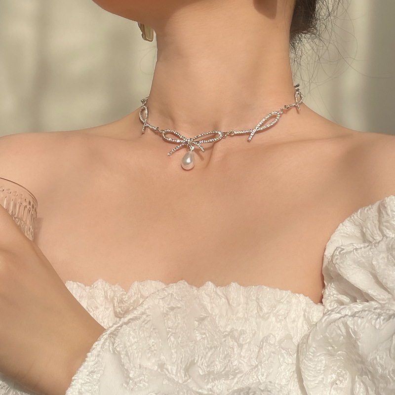 铜合金项链 甜美公主蝴蝶结项链轻奢新款简约飘带颈饰女锁骨链 