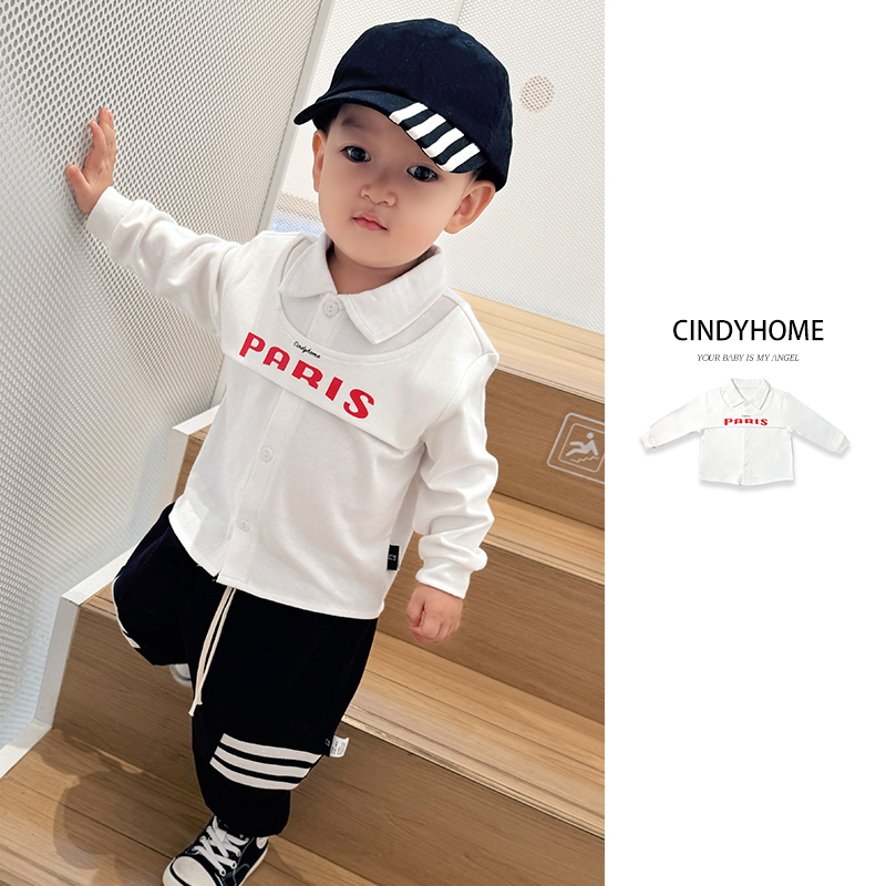 潮酷帅气男童白色衬衫2025新款长袖上衣儿童宝宝衣服