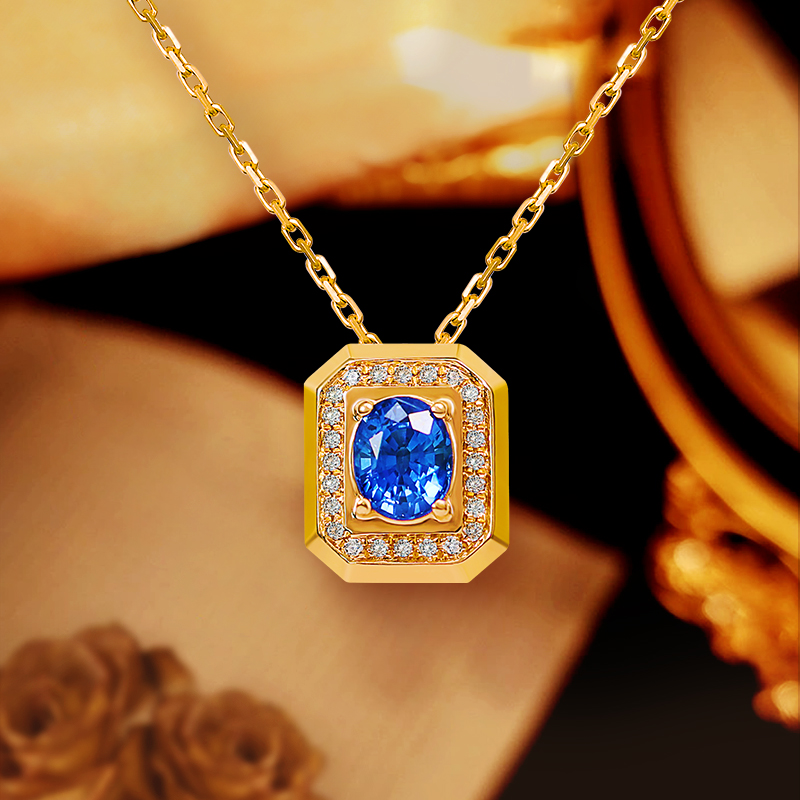 18K金天然蓝宝石项链镶嵌钻石简约轻奢时尚彩色宝石日常休闲百搭