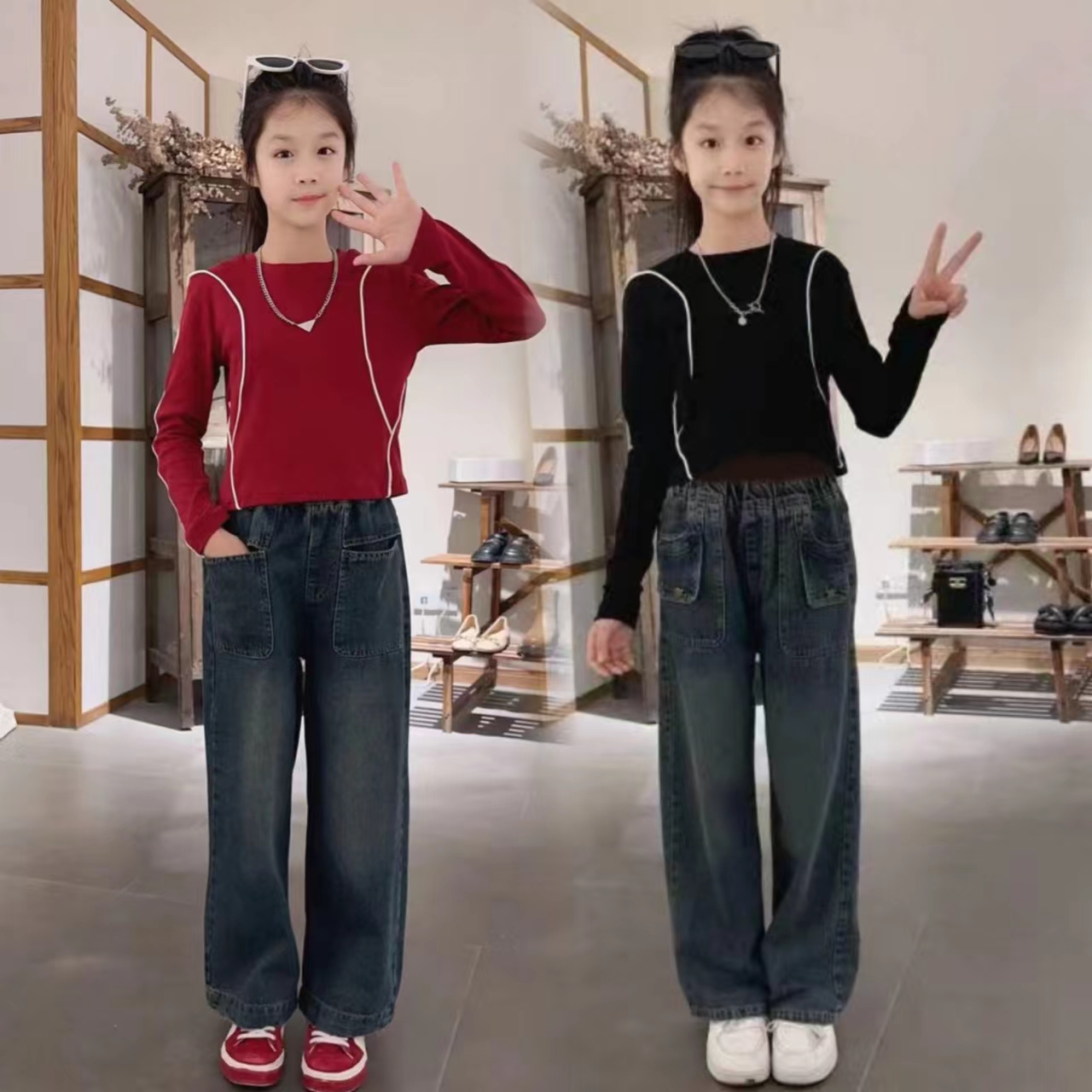 2025新年款春秋女童中大童潮流时尚休闲直筒牛仔裤长袖套装潮款