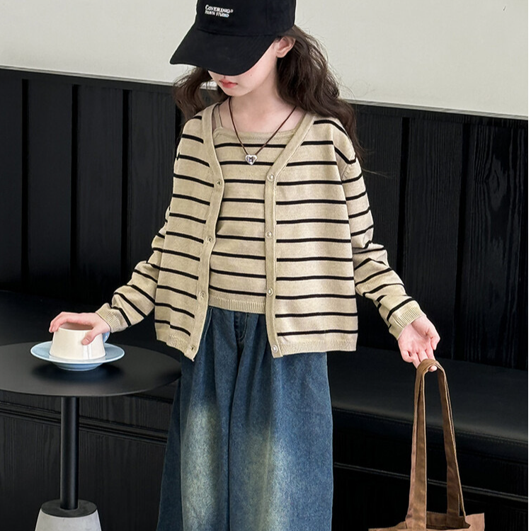 2025新款女童中大童春秋季韩版吊带条纹外套