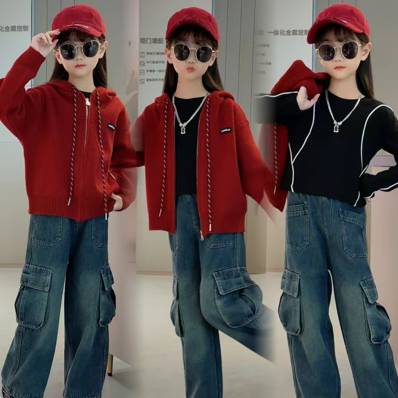 2024新款女童中大童冬冬季加厚开衫纯色毛衣外套加绒牛仔裤套装