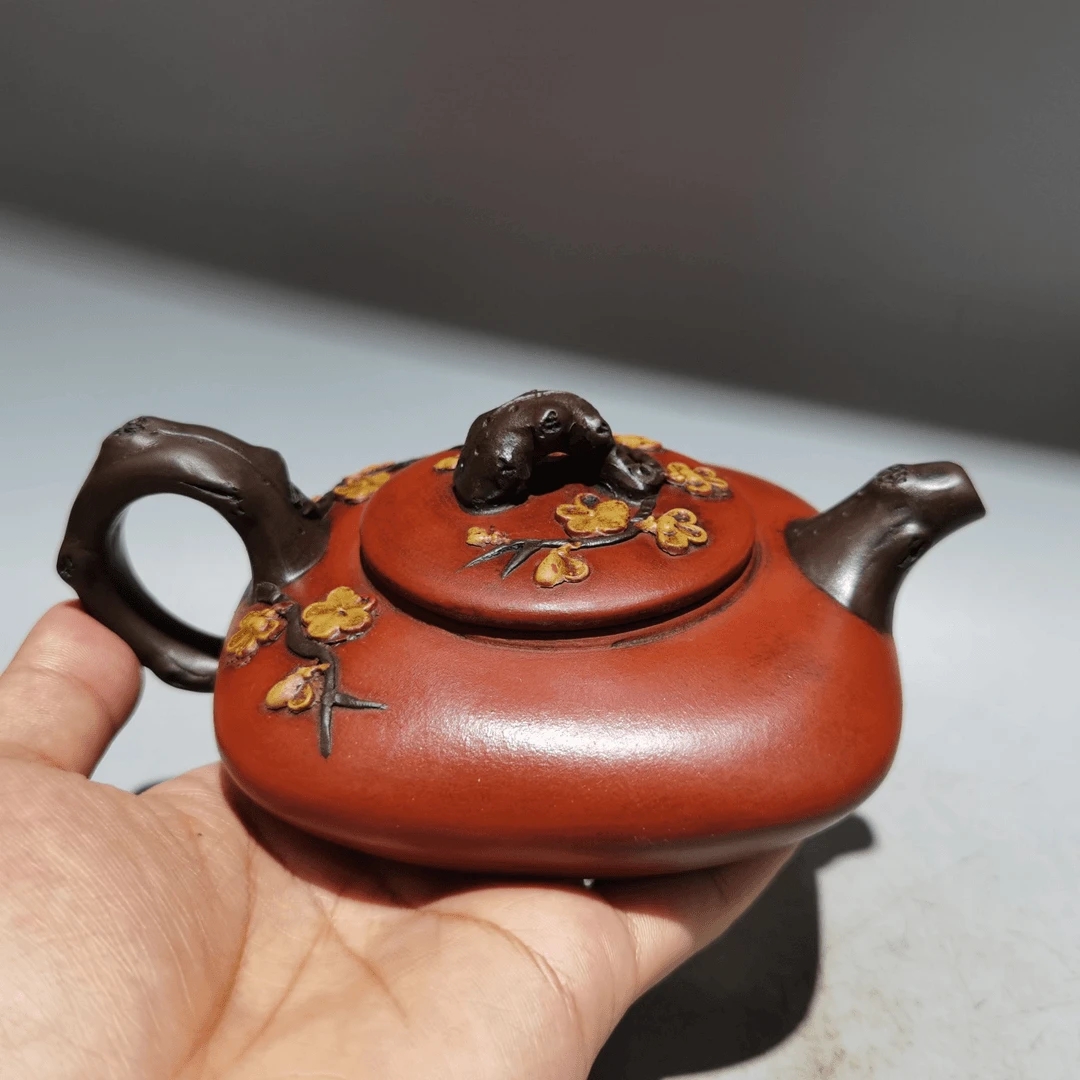 梅桩紫砂壶四方水扁三色泥280ml全手