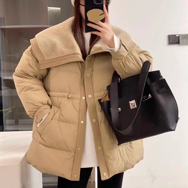 大翻领收腰显瘦中长款白鸭绒羽绒服女2023新款韩版小个子加厚外套