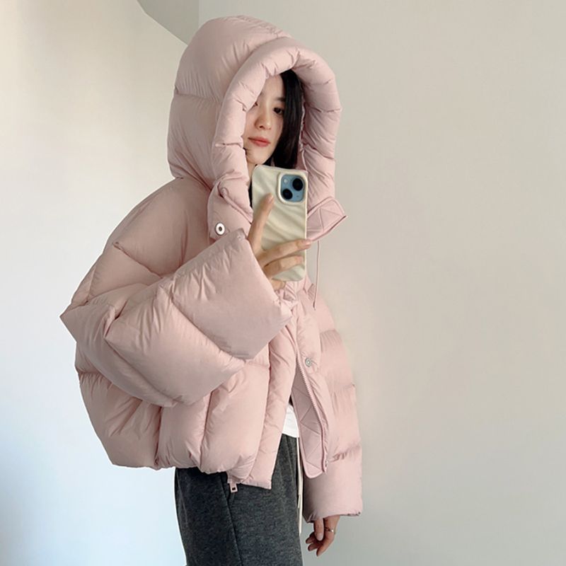 赵大钱加厚连帽短款羽绒服女冬季雾感超轻美拉德白鸭绒面包服潮