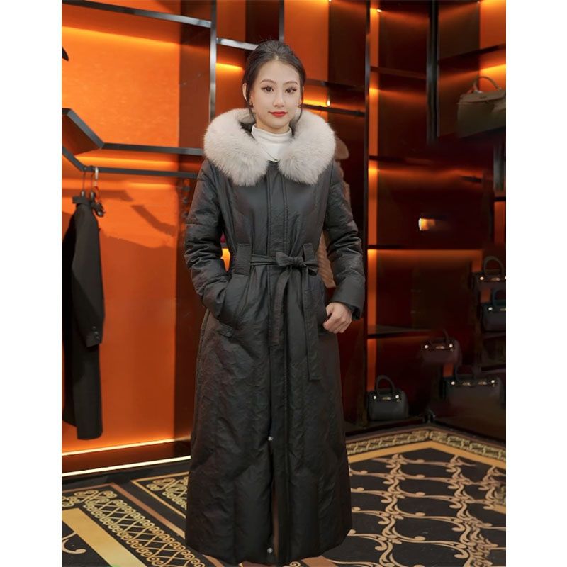 羽绒服女中长款收腰气质大毛领连帽冬季新款加厚皮衣外套白鸭绒