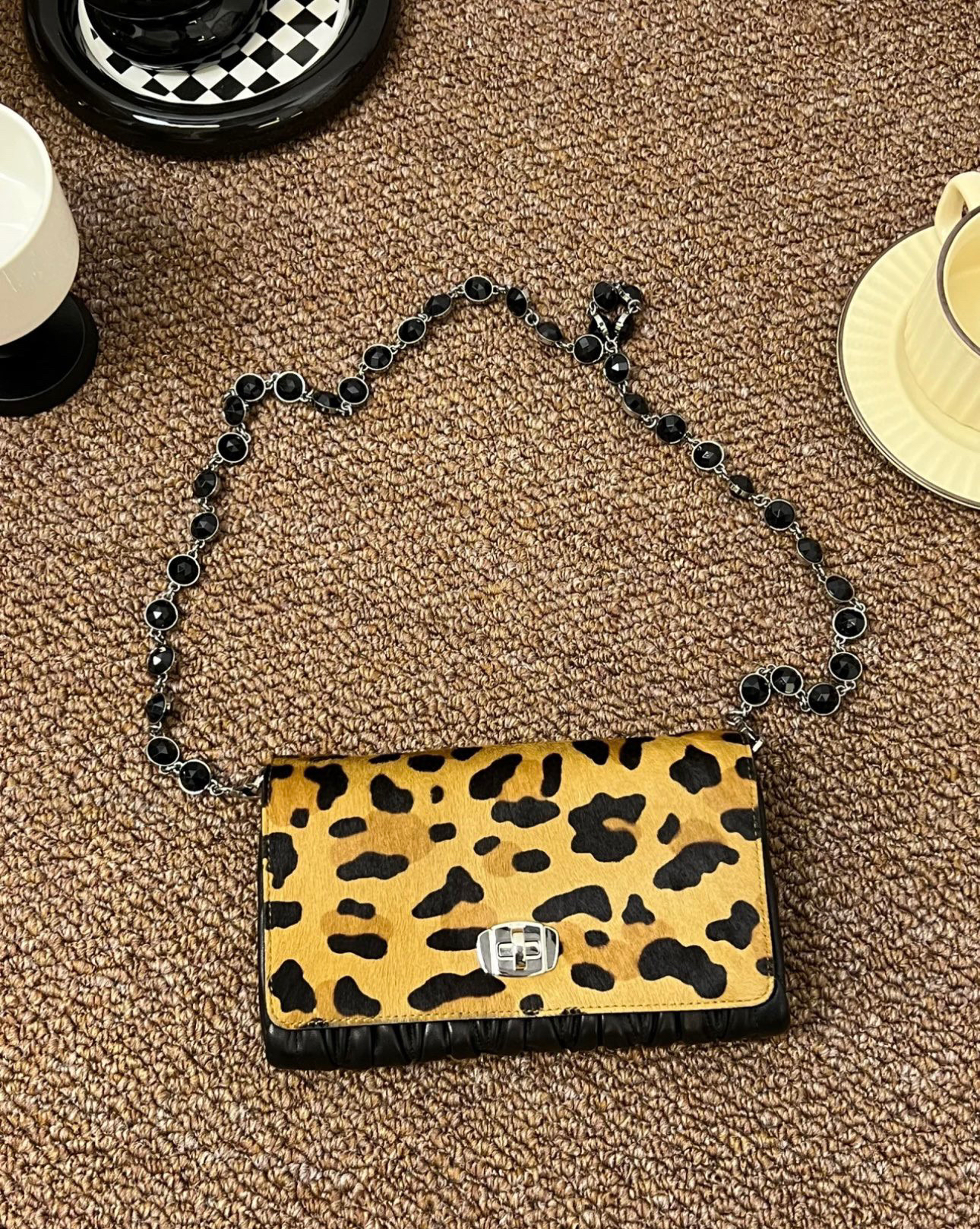95新 MIU MIU/缪缪 miumiu豹纹马毛褶皱链条包1706