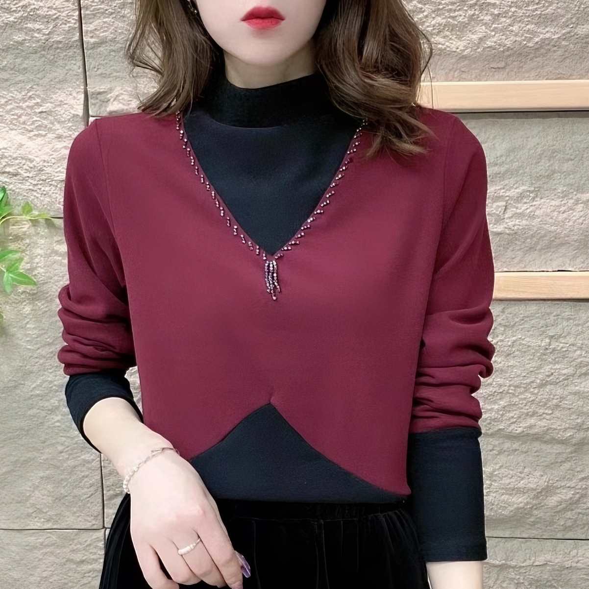 5693#冬季加厚钉珠拼接半高领领设计感打底上衣（XL~5XL 90~165斤）