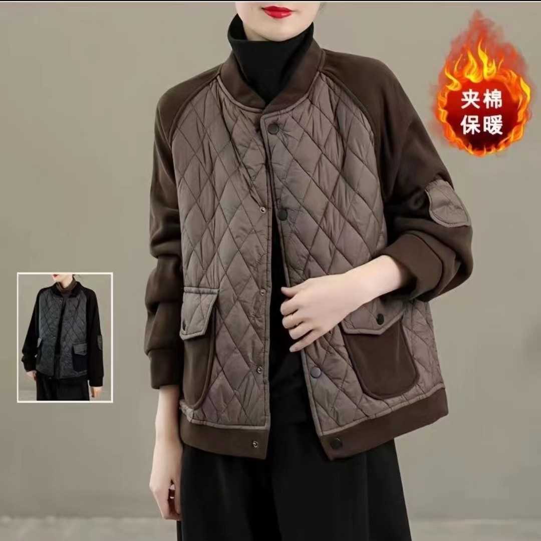 06862#加绒撞色菱形格宽松加绒保暖外套拼接（XL~5XL90~165斤）