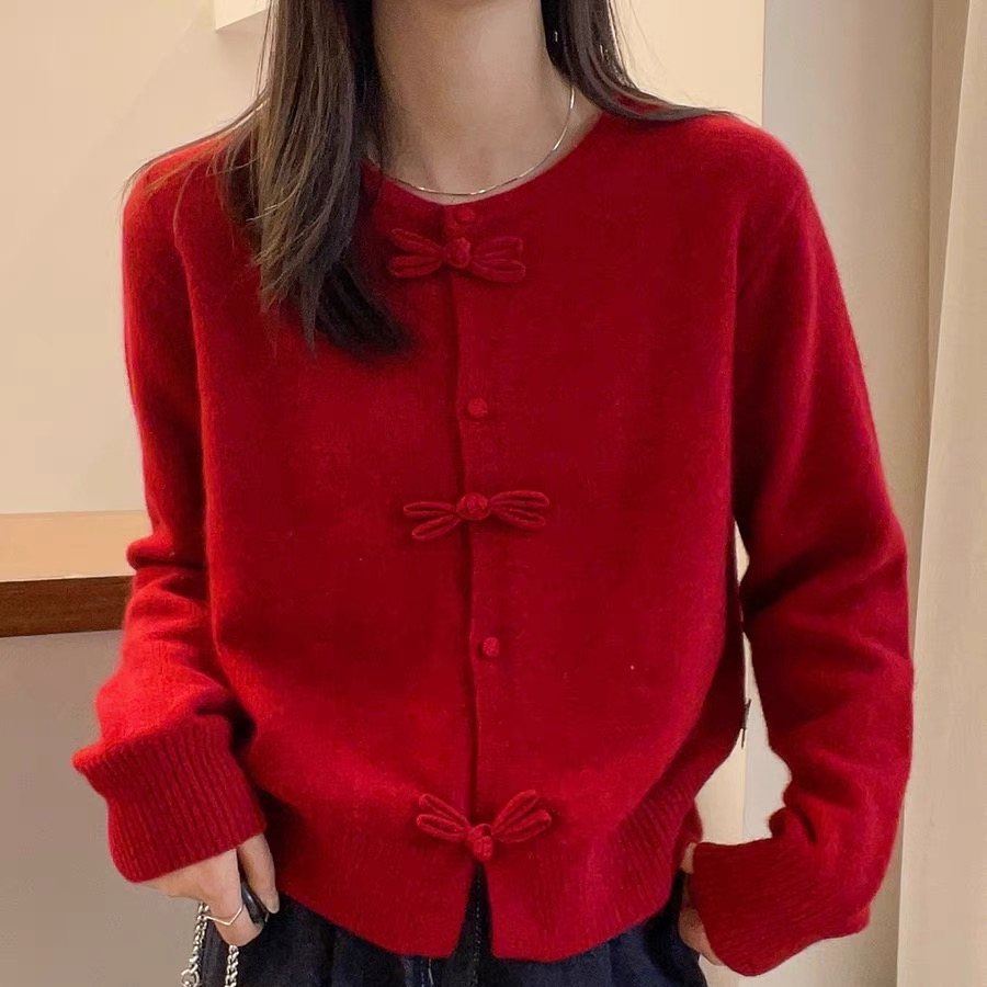 2024新款早春小开衫新中式蝴蝶结扣圆领新款毛衣上衣女士