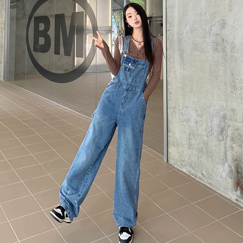 （映）牛仔背带裤子女设计感小众盐系宽松直筒阔腿裤ins复古高腰