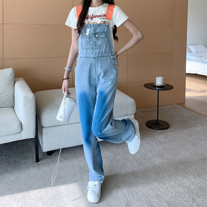 （接）韩版显瘦时尚背带牛仔裤女直筒阔腿裤高腰连体长裤子休闲